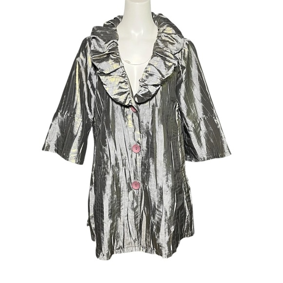 Damee Inc Wide Collar Swing Jacket with Pockets Silver Platinum Size M Shimmer - Picture 1 of 7